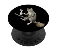 Gato Brujo Divertido en Escoba con Café Vintage PopSockets PopGrip Adhesivo