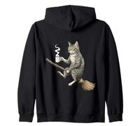 Gato Brujo Divertido en Escoba con Café Vintage Sudadera con Capucha