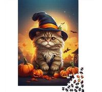 Gato Calabaza Halloween Puzzle de 1000 Piezas Papel para Adultos Sombrero de Bruja Mascota Tierna Noche Huerto Calabazas Juego de Puzzle 1000 Piezas Familiar Relajante Regalo 38x26cm/1000pcs