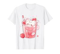 Gato Chibi Nadando en Leche de Fresa Lindo Arte Kawaii Camiseta gráfica económica, Hombre, Blanco, S