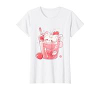 Gato Chibi Nadando en Leche de Fresa Lindo Arte Kawaii Camiseta gráfica económica, Mujer, Blanco, XS