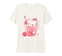 Gato Chibi Nadando en Leche de Fresa Lindo Arte Kawaii Camiseta Premium