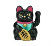 Gato chino de la suerte agitando a Maneki Neko para la riqueza y la prosperidad, acabado dorado (negro)