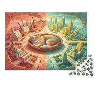 Gato Ciudad Dividida Arte Fantasía Puzzle de 1000 Piezas Papel para Adultos Paisaje Urbano Soñado Juego de Puzzle 1000 Piezas Relajación Concentración Hogar Regalo 52x38cm/1000pcs