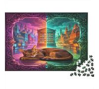 Gato Ciudad Nocturna Puzzle de 1000 Piezas Papel para Adultos Arte Creativo Escena Relajación Enfoque Familia Hogar Regalo 70x50cm/1000pcs