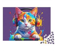 Gato Colorido audífonos 1000 Piezas Cartón Grueso Gatito audífonos Arte Rompecabezas para Familias Resistente A Arañazos Momento De Calma Regalo De Cumpleaños Ecológico 70x50cm/1000pcs