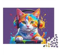 Gato Colorido con Auriculares Puzzle de 1000 Piezas Papel Puzzle para Adultos Estilo Creativo Relajante Decoración Regalo Familiar 70x50cm/1000pcs
