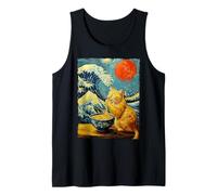 Gato Comiendo Ramen Van Gogh Obra de Arte Wave Kanagawa Anime Cat Camiseta sin Mangas