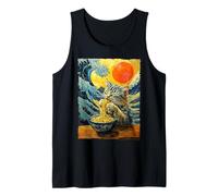 Gato Comiendo Ramen Van Gogh Obra de Arte Wave Kanagawa Anime Cat Camiseta sin Mangas