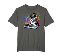Gato como DJ y DJing, tocadiscos, EDM, arte pop colorido y DeeJay Camiseta