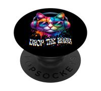 Gato con auriculares Drop the Bass EDM DJ Rave Design PopSockets PopGrip Adhesivo