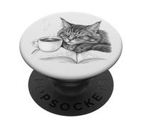 Gato con Café Y Libro Abierto Vibes De Lectura A PopSockets PopGrip Adhesivo