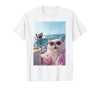 Gato con Gafas de Sol y Café en Yate Barco Tiburón Weirdcore Camiseta