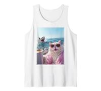 Gato con Gafas de Sol y Café en Yate Barco Tiburón Weirdcore Camiseta sin Mangas