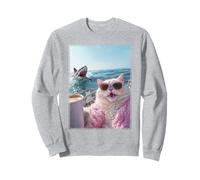 Gato con Gafas de Sol y Café en Yate Barco Tiburón Weirdcore Sudadera