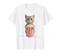 Gato con Palomitas - Diseño Divertido y Tranquilo Camiseta gráfica económica, Hombre, Blanco, M