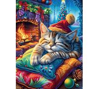 Gato con Pantuflas de Navidad Puzzle 500 Piezas Cartón Blanco Premium para Expertos Dibujo Animado de Paisajes de Cuento de Hadas Días Lluviosos Colección Garantía Reposición Piezas