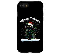 Gato con Sombrero de Papá Noel Merry Catmas Black Cat Luces de Navidad Carcasa para iPhone SE (2020) / 7/8