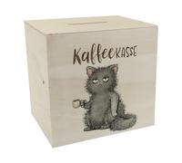 Gato con taza hucha de madera con texto en alemán "EIN dekoratives Sparschwein für Katzenbesitzer lustige Kaffeekasse Männer Geburtstag Morgenmuffel Sparbüchse Haustier