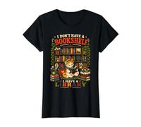 Gato con Texto en la Biblioteca, Amante de los Libros, Lectura, Arte, Divertido y Acogedor Camiseta gráfica económica, Mujer, Negro, XL