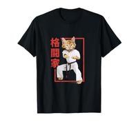 Gato de Artes Marciales en Pose de Karate con cinturón Negro y japonés Camiseta