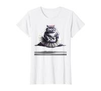 Gato de Ballet Divertido con un Gran Vientre con un tutú. Camiseta gráfica económica, Mujer, Blanco, XL
