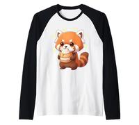 Gato de bambú Panda Rojo Kawaii Munching Happily Camiseta Manga Raglan