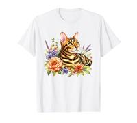 Gato de Bengala x Flores Camiseta gráfica económica, Hombre, Blanco, L