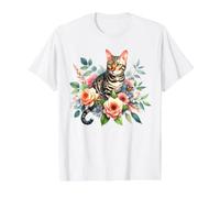 Gato de Bengala x Flores Camiseta gráfica económica, Hombre, Blanco, XL