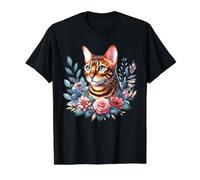 Gato de Bengala x Flores Camiseta gráfica económica, Hombre, Negro, S