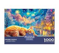 Gato de Jengibre durmiendo en una Ciudad Estrellada Puzzle De 1000 Piezas Lindo Gato Mascota Educativo Y Desafiante, Regalo para Todos 38x26cm/1000pcs