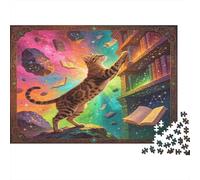 Gato de la Biblioteca Mágica Puzzle de 1000 Piezas Cartón para Adultos Ilustración Fantástica Colorida Juego de Puzzle 1000 Piezas Relajación Decoración Hogar Regalo Familia 70x50cm/1000pcs