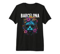 Gato de la Ciudad de Barcelona con Gafas de Sol y diseño de Flores Camiseta Premium
