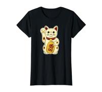 Gato de la Suerte Gatos Lindos Maneki-Neko Gato anguloso Camiseta gráfica económica, Mujer, Negro, S