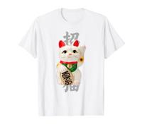 Gato de la Suerte japonés - Maneki Neko y Kanji “招福” Camiseta gráfica económica, Hombre, Blanco, M
