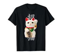 Gato de la Suerte japonés - Maneki Neko y Kanji “招福” Camiseta gráfica económica, Hombre, Negro, S
