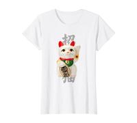 Gato de la Suerte japonés - Maneki Neko y Kanji “招福” Camiseta gráfica económica, Mujer, Blanco, L