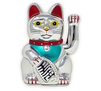 Gato de la suerte Starlet24, gato que saluda, gato Feng Shui, Maneki Neko, plástico, plata, 15 cm