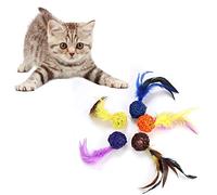 Gato de mimbre de plumas colorido 13 × 9 × 6 5 piezas Set colorido mascota gato gatito peluche juguete de ratán con campana de plumas