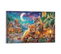 Gato de Navidad 1 Pieza Tres Gatitos Tabby Luna de la Aldea de Invierno Impresiones De Arte Para Pared Regalo Para Ella/Eli Unico Lienzo Decorativo Dormitorio Listo Para Colgar 12x18inch(30x45cm)