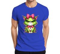 Gato de Navidad Grumpy Verde Lazo Cadena de Luces Regalo Divertido Camiseta Hombre, azul, 3XL