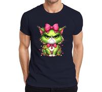 Gato de Navidad Grumpy Verde Lazo Cadena de Luces Regalo Divertido Camiseta Hombre, azul marino, 3XL
