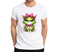 Gato de Navidad Grumpy Verde Lazo Cadena de Luces Regalo Divertido Camiseta Hombre, Blanco, 3XL
