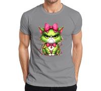 Gato de Navidad Grumpy Verde Lazo Cadena de Luces Regalo Divertido Camiseta Hombre, gris, 3XL