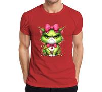 Gato de Navidad Grumpy Verde Lazo Cadena de Luces Regalo Divertido Camiseta Hombre, rojo, 3XL