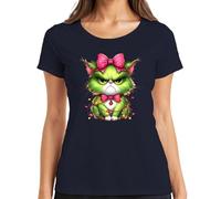 Gato de Navidad Grumpy Verde Lazo Cadena de Luces Regalo Divertido Camiseta Mujer, azul marino, 3XL