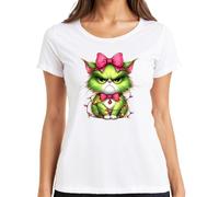 Gato de Navidad Grumpy Verde Lazo Cadena de Luces Regalo Divertido Camiseta Mujer, Blanco, 3XL