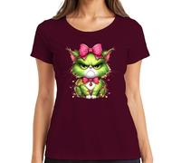 Gato de Navidad Grumpy Verde Lazo Cadena de Luces Regalo Divertido Camiseta Mujer, granate, 3XL