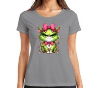 Gato de Navidad Grumpy Verde Lazo Cadena de Luces Regalo Divertido Camiseta Mujer, gris, 3XL