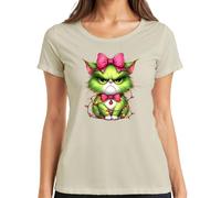Gato de Navidad Grumpy Verde Lazo Cadena de Luces Regalo Divertido Camiseta Mujer, naturaleza, 3XL